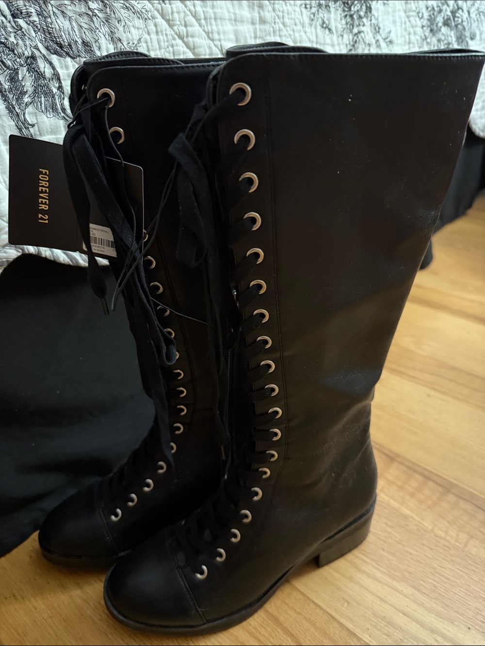 Forever 21 Black Lace-Up Knee High Combat Boots